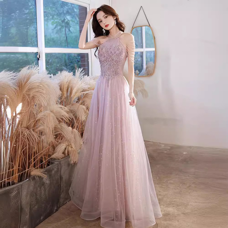 Pink Evening Dress for Women, Halter Neck, 2026 New Style, Elegant and High-End, Suitable for Banquets, Bridesmaids, Engagements, Birthdays, and Hosting Events