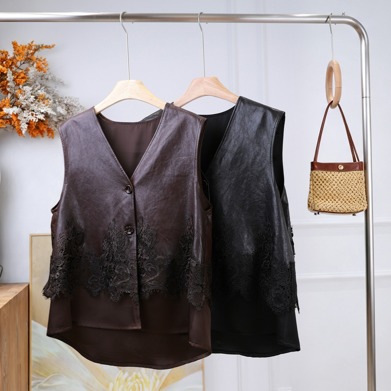 Mai Xu26 Autumn Sheepskin Vest Loose Casual Style Water-Soluble Lace Patchwork V-Neck Sleeveless Vest Mai Xu26 Autumn Sheepskin Vest Loose Casual Style Water-Soluble Lace Patchwork V-Neck Sleeveless Vest