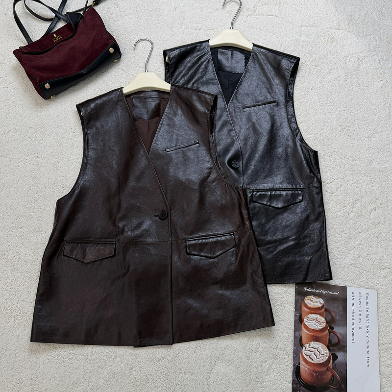 Mai Xu26 Autumn Retro Hong Kong Style Leather Vest for Women, V-Neck Single Button Sleeveless Jacket, Versatile and Slimming