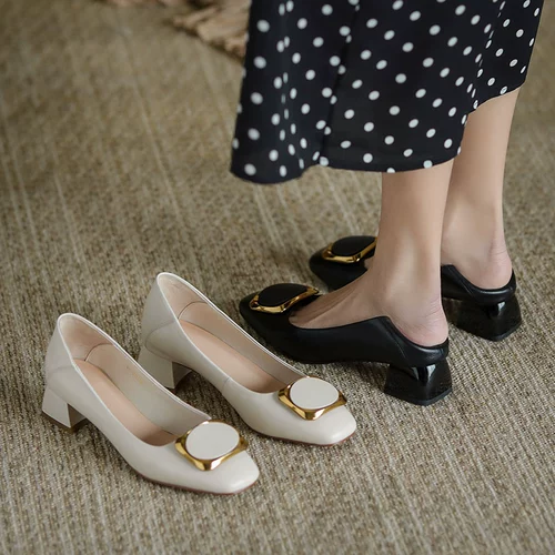 H.H Обувь の Кожаные одиночные женские женские густые каблуки -все -в -головы, квадратное пряное мягкое дно, пейт легкие туфли в маке.