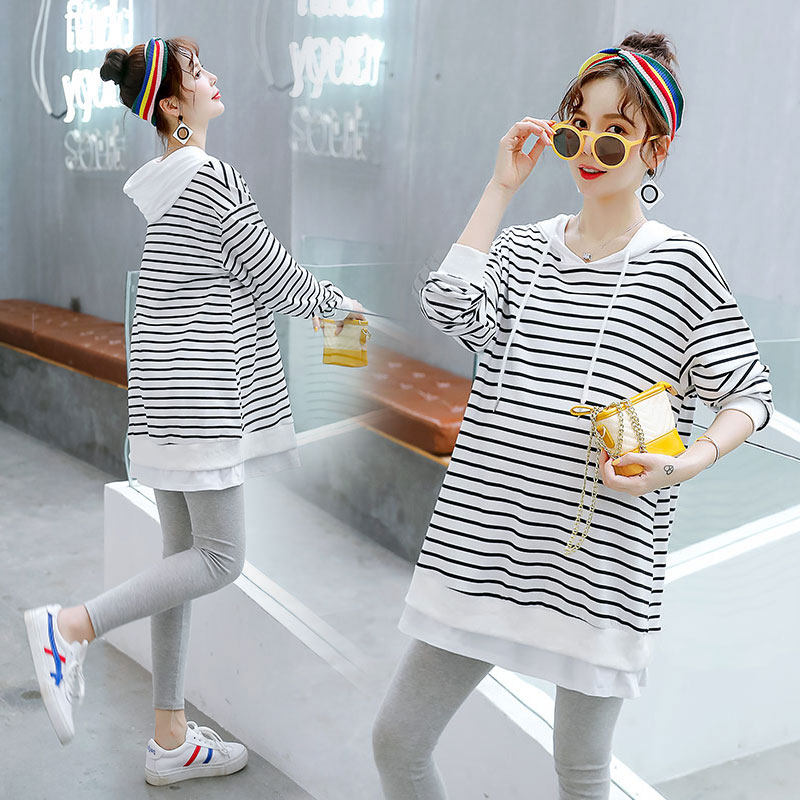 Pregnant women's autumn suit fashion network red long sleeve striped tops 2022 new pregnant women's clothes dress tide
