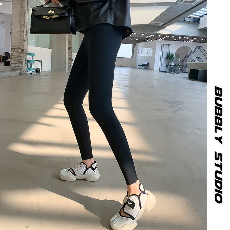 2021 spring shark skin black pants nine points autumn and winter wear high waist warm Barbie pants small feet women thin