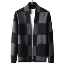 Knitted sweater jacket mens spring and autumn color-blocked plaid sweater Korean style slim business style cardigan V-neck jacket