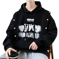 American hooded sweatshirt for men spring and autumn 2024 new trendy brand loose fake two-piece top design printed jacket