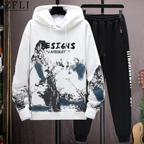 Guochao Liancap Sweatshirt Mens Spring and Autumn Season China Wind print Leisure sports suit teenagers handsome and two sets