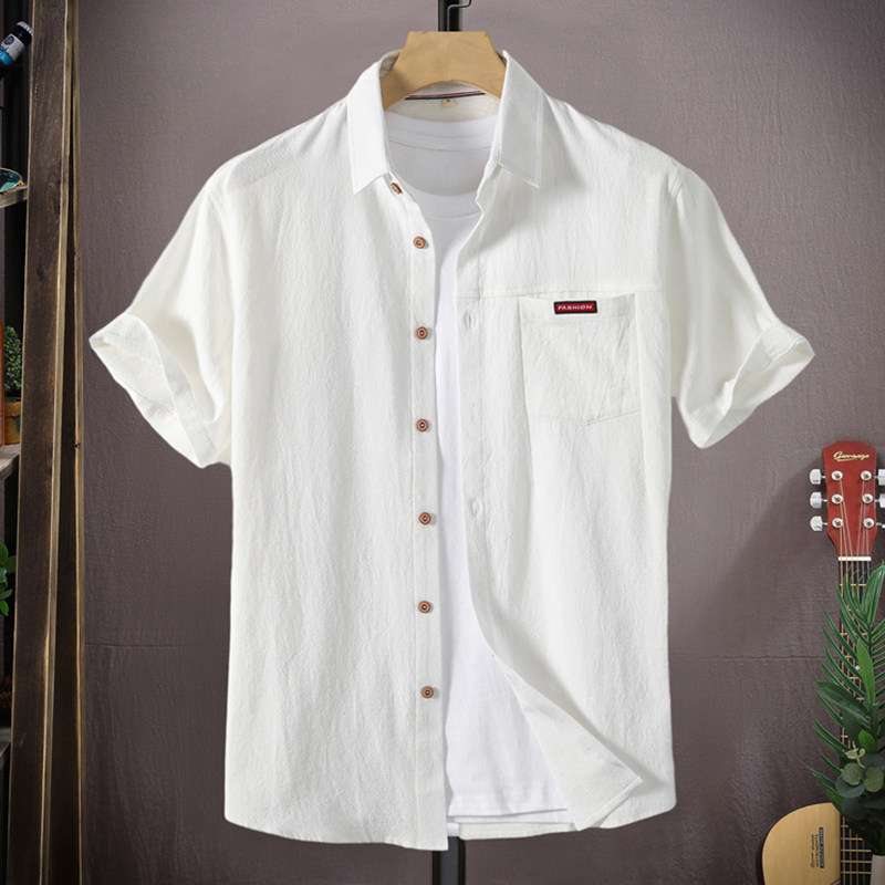 Cotton linen short sleeve shirt man 2023 Summer new men pure cotton half sleeve shirt boy casual pure color Previous clothes-Taobao
