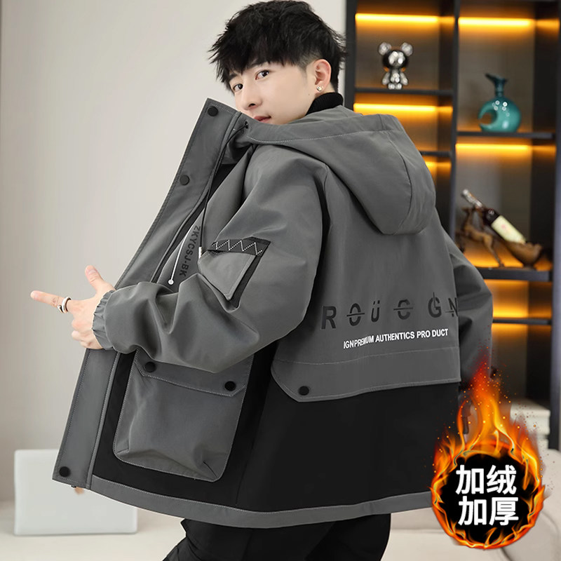 Overalls jacket men's autumn winter style garnter thickened with cap jacket male spring and autumn to overcome youth anti-chilling submachine clothes-Taobao