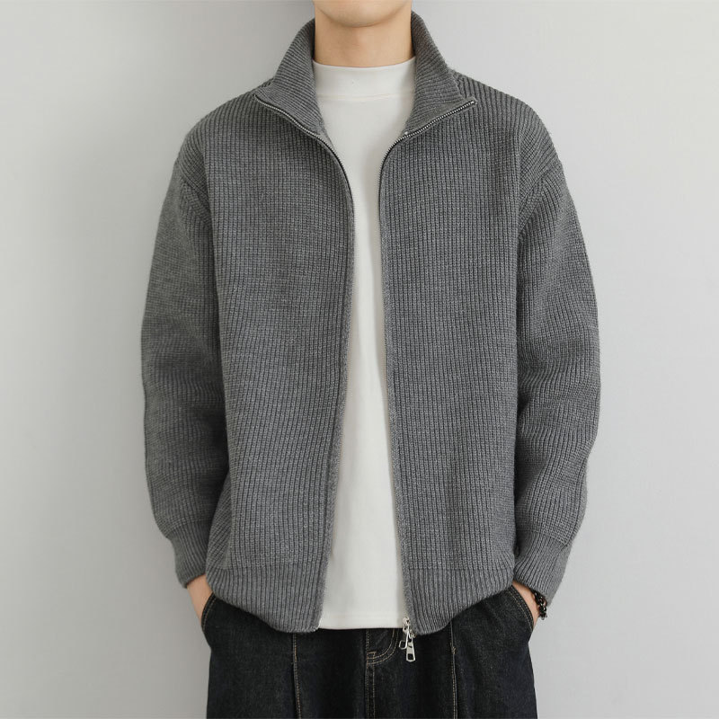 Knitted Cardigan Jacket for Men, Spring and Autumn Style, Trendy Brand, High-End Feel, Stand-Up Collar Jacket, Loose and Stylish, Solid Color Sweater Coat
