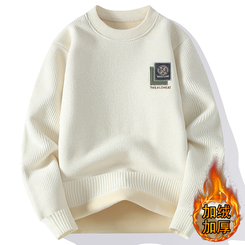 Round Neck Sweater for Men, Winter Thickened Warm Knitted Sweatshirt, Men's Autumn and Winter Style, Casual Loose Fleece-Lined Inner Layer Base Shirt Round Neck Sweater for Men, Winter Thickened Warm Knitted Sweatshirt, Men's Autumn and Winter Style, Casual Loose Fleece-Lined Inner Layer Base Shirt