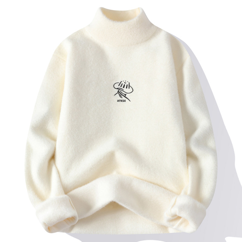 Semi-high collar sweater male autumn winter plus suede thickened mid-collar sweatshirt warm clothes teenagers winter dress undershirt-Taobao