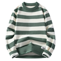 Striped Sweater Mens 2024 New Autumn and Winter Casual Round Neck Sweater Boys Warm Bottoming Sweater Trendy