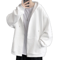 Waffle sweatshirt jacket for men spring and autumn Hong Kong style loose casual hooded sports top youth jacket