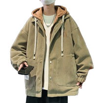 Corduroy jacket mens spring and autumn trendy hooded fake two-piece coat handsome early autumn clothes youth jacket men