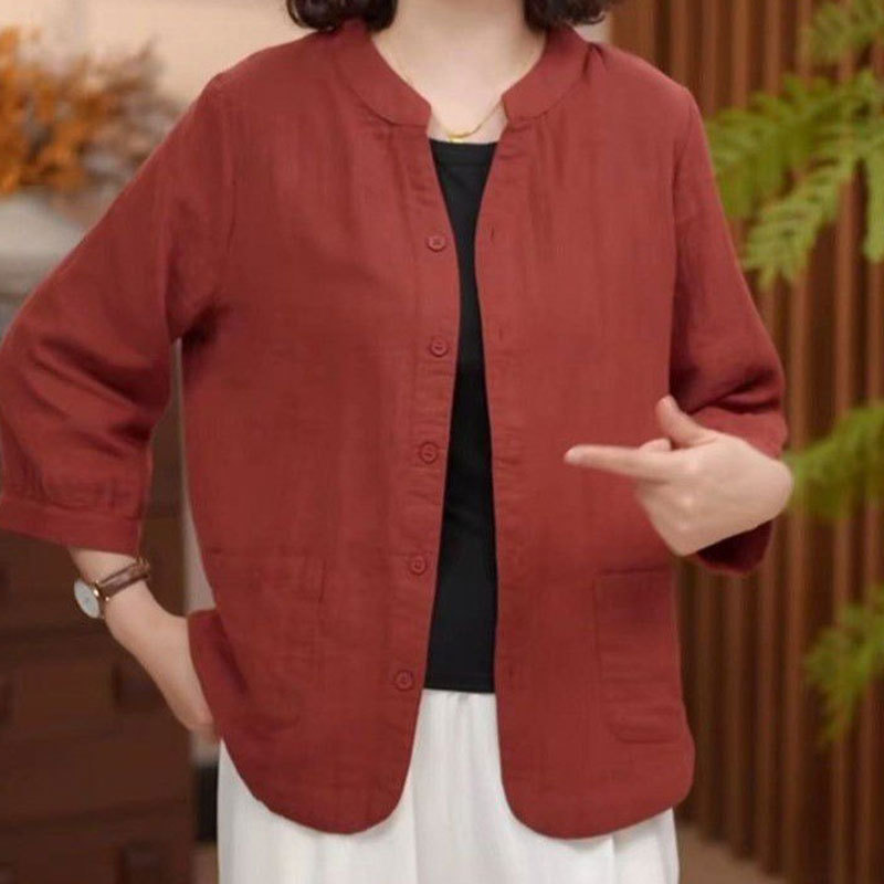 Middle-Aged and Elderly Spring and Autumn New Casual Tops 2026 Petite Mom Large Pocket Cardigan Single-Layer Thin Versatile Jacket