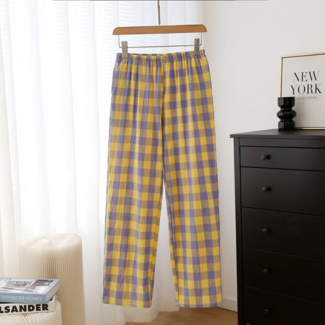 Pure cotton pajamas trousers ຂອງຜູ້ຊາຍພາກຮຽນ spring ແລະ summer plaid ບາງ plaid ຍີ່ປຸ່ນຊັກຜ້າຝ້າຍເຮືອນແບບປົກກະຕິ trousers ຄູ່ trousers ຂອງແມ່ຍິງ