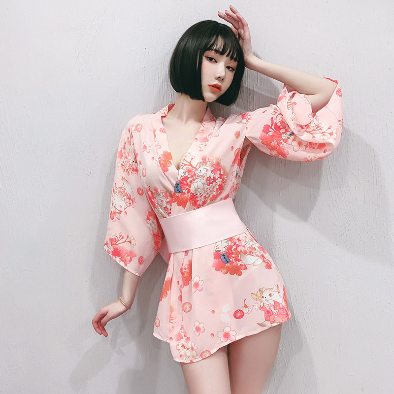 Nightdress female cardigan chiffon Japanese kimono ice silk cosplay uniform cherry blossom two-dimensional soft girl improved cheongsam