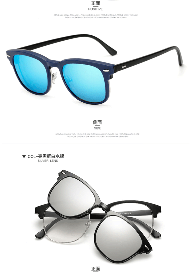 Kính retro khung nam và nữ phẳng gương năm mảnh từ tính gương phân cực kính râm kim loại nửa khung gương kính gọng kính tròn