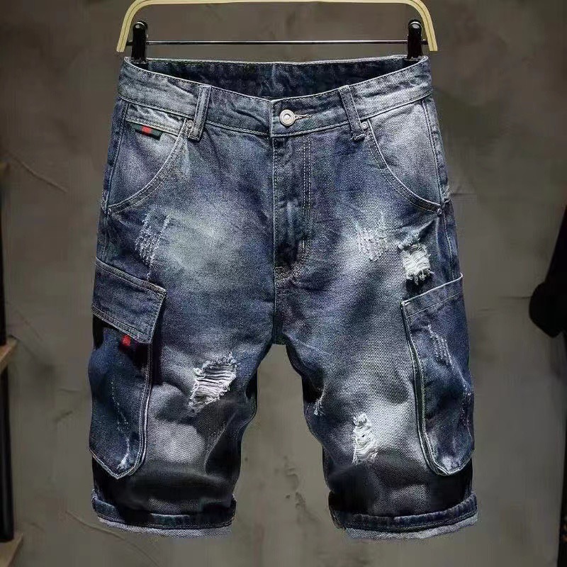 2026 Summer Multi-Pocket Cargo Denim Shorts for Men, Trendy Loose Straight-Leg Five-Point Pants, Vintage Distressed Mid-Length Pants