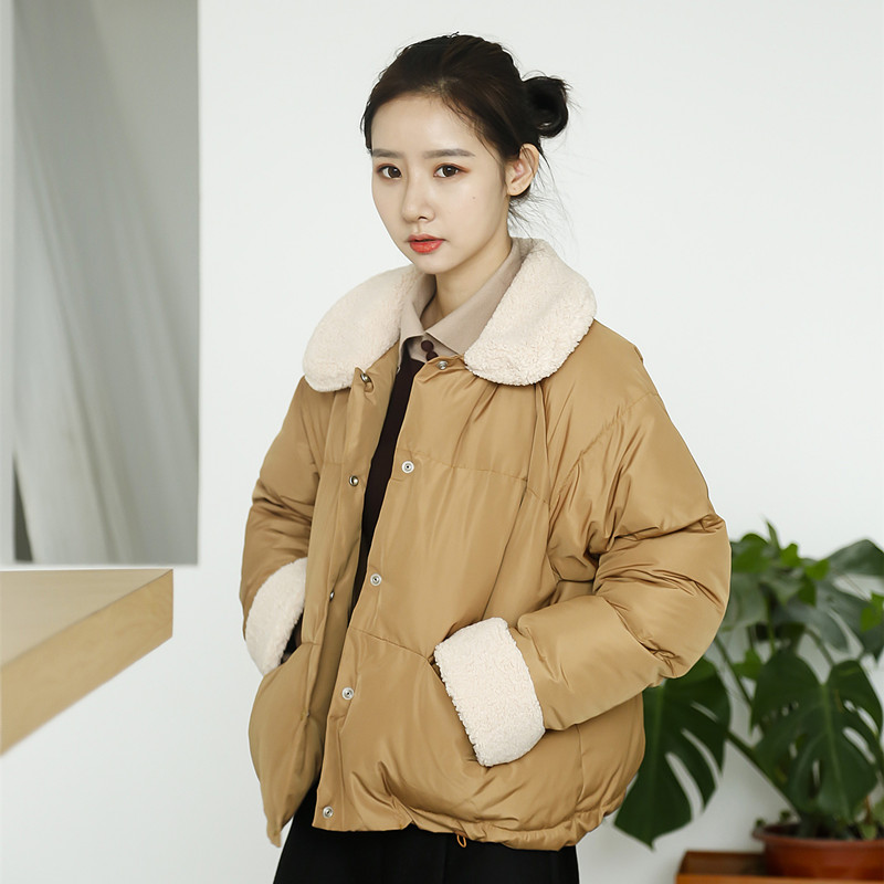 北岛家 短款小棉服女2017秋冬新款韩版羊羔毛夹克外套撞色棉衣