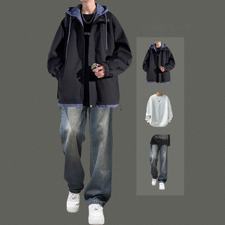 男士冲锋衣外套秋季套装男生假两件工装连帽夹克搭配牛仔裤三件套