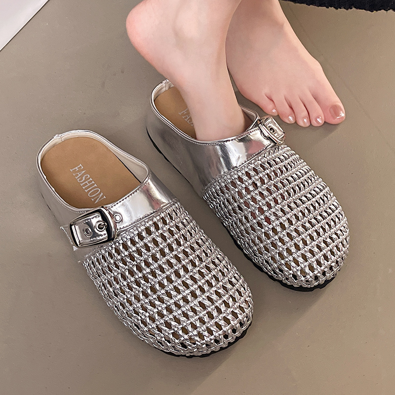 Hollow-Out Half-Slippers for Women, Height-Increasing, Summer New Style, Fashionable, Attractive, Trendy Women's Shoes, Woven, Breathable, Flat Sandals