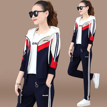 Tide brand CVY sports suit women spring and autumn 2021 new fashion color pattern loose hooded sweater casual three-piece set