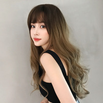 Khaki gradient long curly hair ladyboy wig for men and women big brother air bangs cd cross-dressing The whole top full headgear Long hair