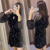 Sexy black long sleeve false mother size dress thin mens womens cheongsam waist cd cross dress skirt