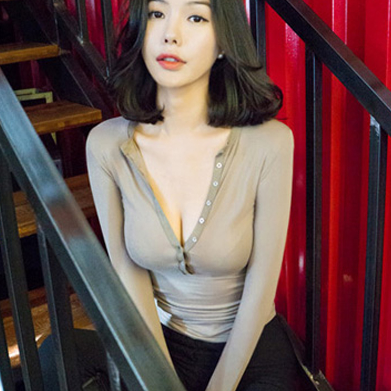 Elastic Tight Fit Lean Deep V Collar Low Chest Blouse Women Dress Cd Changing Dress Fake Lady Long Sleeve T-Shirt 100 Lap Sexier Undershirt