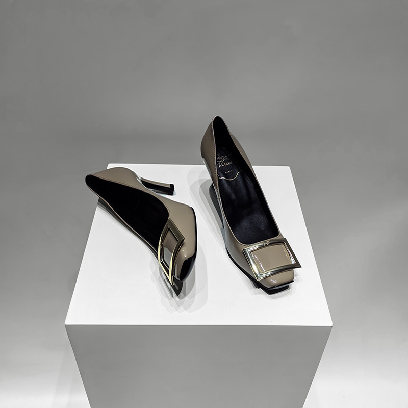 2025 Spring/Summer Internet Celebrity Style Zxs Rv Square Buckle Patent Leather Single Shoes with Chunky Mid-Heel, High Heel, Square Toe, and Shallow Mouth for Women