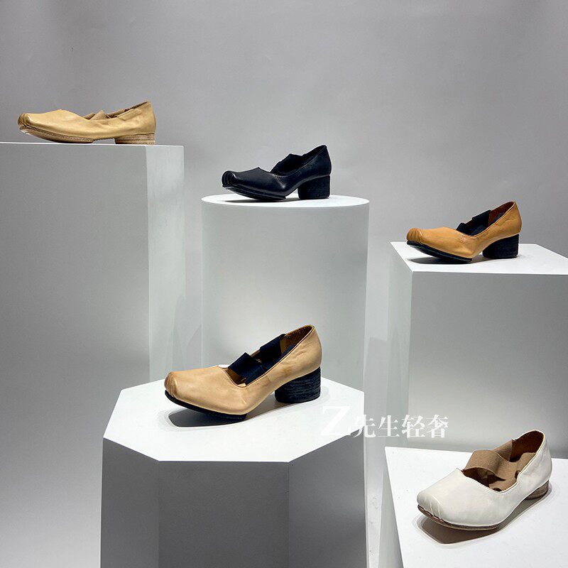 Handmade washed horse leather retro niche uma ballet shoes mid-heel cross toe square toe flat Mary Jane single shoes 