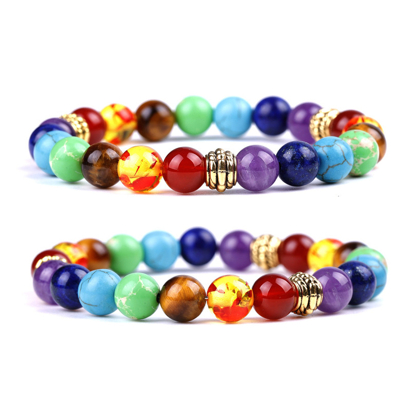 Colorful Wheel Bracelet for Men and Women, Cross-Border Best-Selling Yoga Energy Seven-Meridian Bracelet, 8mm Natural Stone, Couple Set