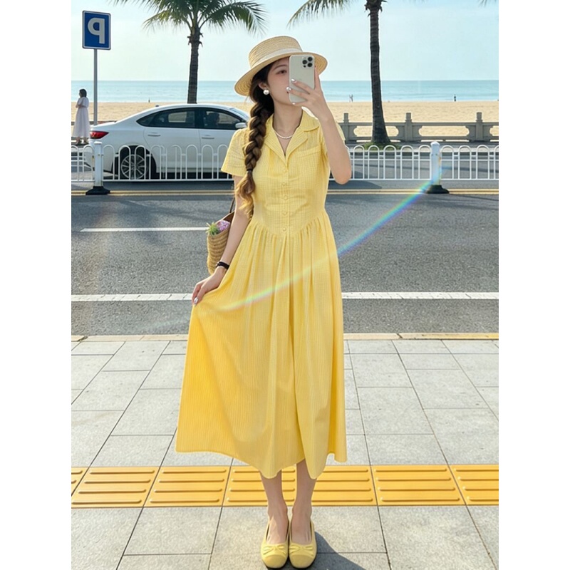 Korean-Style Unique and Beautiful Mid-Length Yellow Dress with a Turn-Down Collar, 2026 Summer New Style, Waist-Cinching and Slimming A-Line Dress