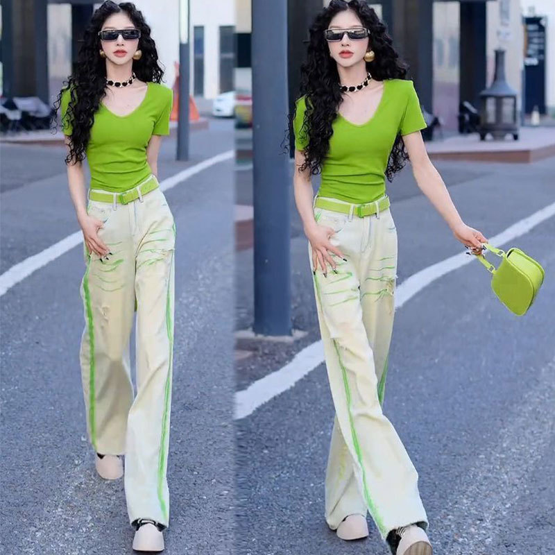Cool Green Casual Sports Suit for Women Summer New Elegant High Waist Short T-Shirt Graffiti Ripped Jeans