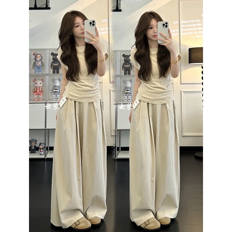 Relaxed Casual Outfit Set for Women 2026 New Design Short-Sleeved T-Shirt + Casual Pants Solid Color Two-Piece Set