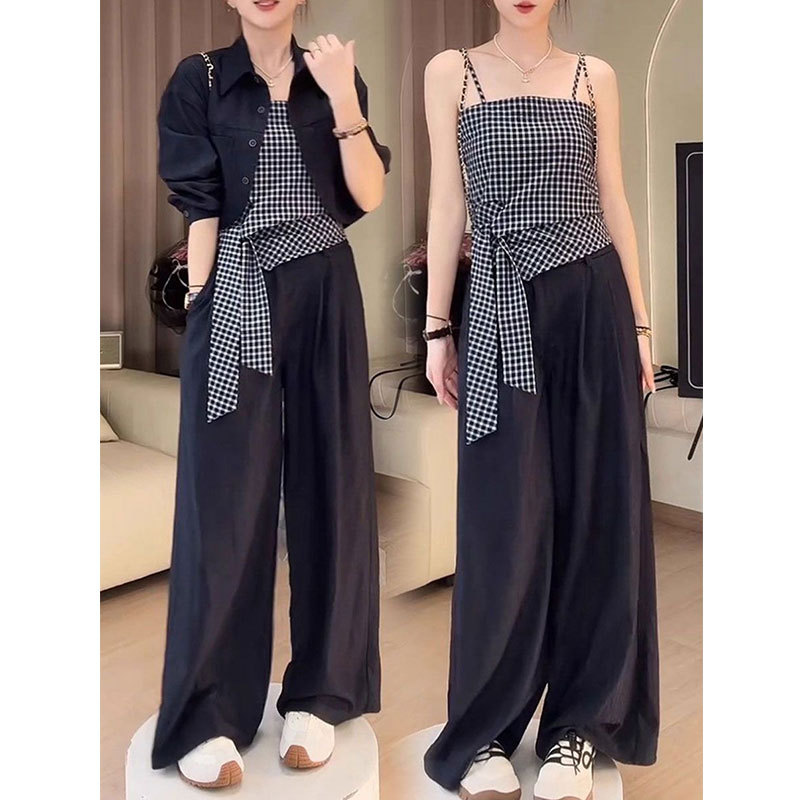 2025 Autumn New Fashion Versatile Retro Short Jacket with Plaid Vest + Wide-Leg Pants Three-Piece Set Trendy