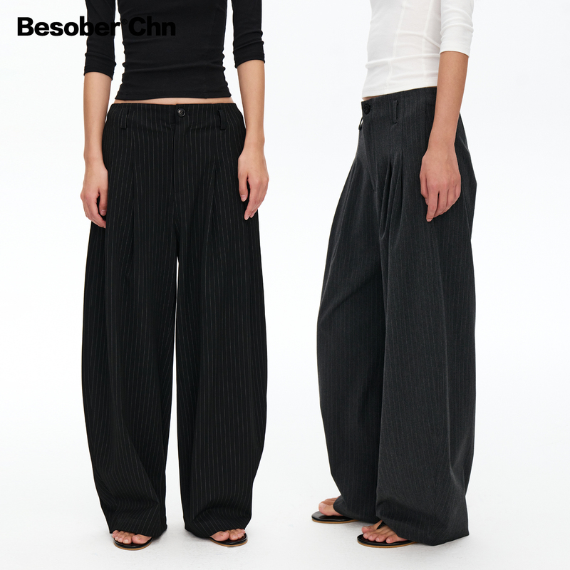 Besober Vertical Striped Women's Trousers Without Waistband Classic Versatile Relaxed Old Money High-Waisted Scimitar Casual Pants