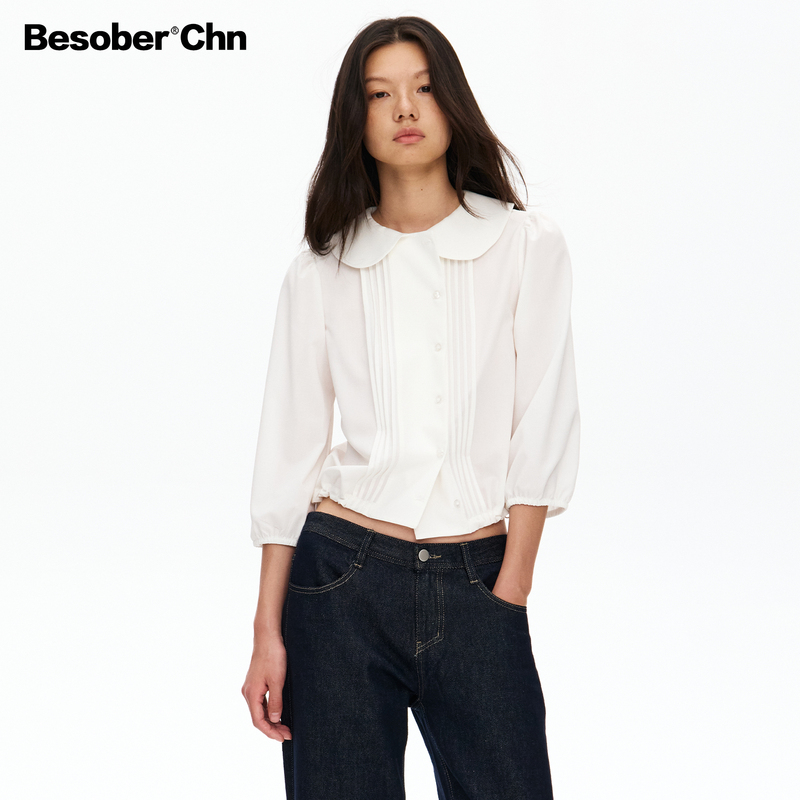Besober French Pleated White Doll Collar Shirt for Women, Three-Quarter Sleeves, Puff Sleeves, Short Shirt Top Besober French Pleated White Doll Collar Shirt for Women, Three-Quarter Sleeves, Puff Sleeves, Short Shirt Top