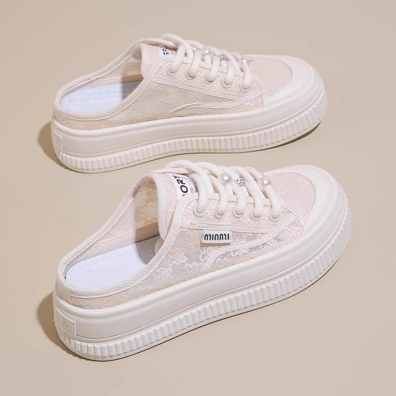 Branded White Sneakers for Women, Summer Outdoor Wear, Mesh Breathable Closed-Toe Half Slippers, Casual Thick-Soled Versatile Sandals