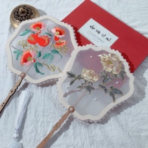 Peony embroidered ancient wind regiment fan long handle hibiscus shaped fan womb fan walking show Su embroidered dance Hanfu Classical