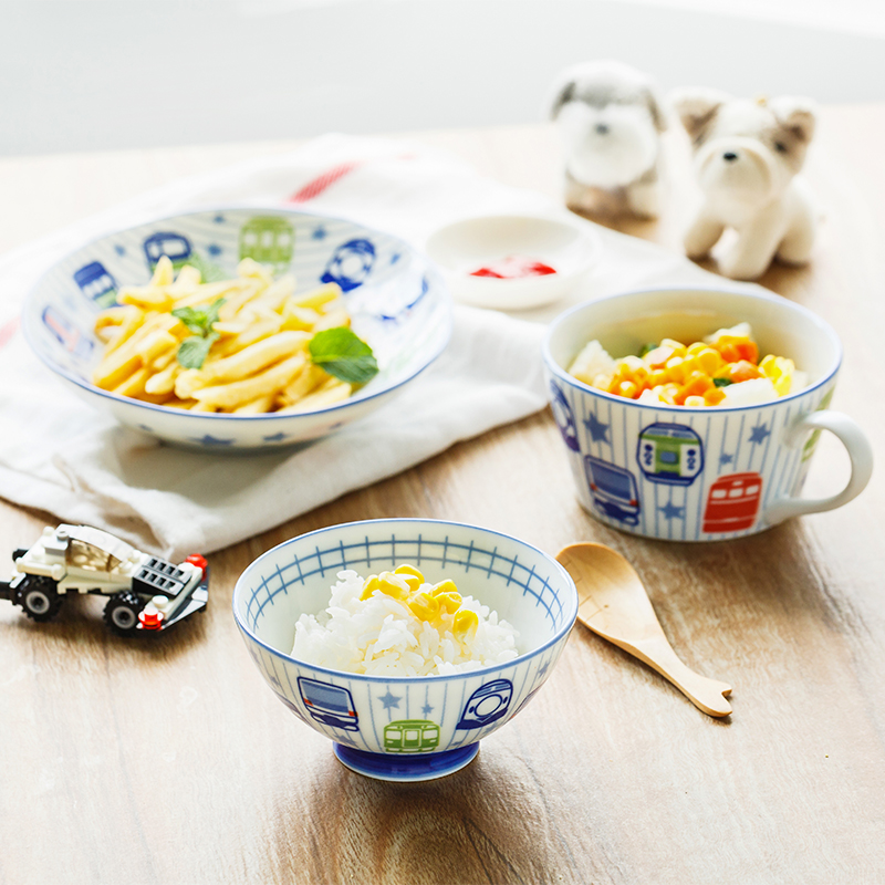 The Children cutlery set Japanese household express cartoon ceramic bowl dish bowl with a glass of milk cup mark cup