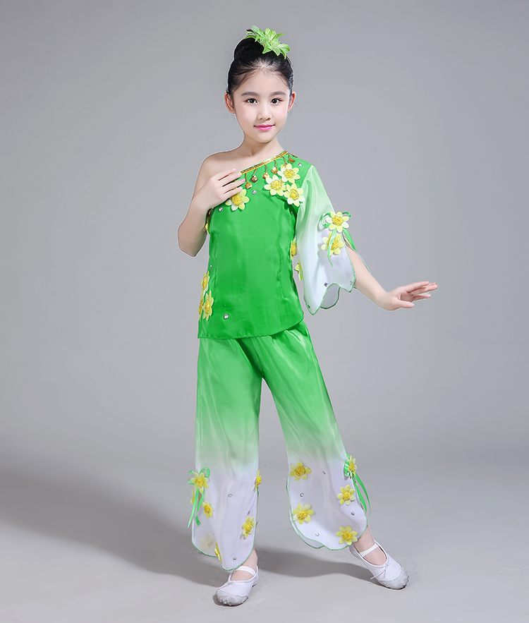 Quần áo trẻ em Yangko trang phục múa quốc gia quạt khiêu vũ cổ điển nam và nữ biểu diễn quần áo hoa nhài màu xanh lá cây áo kiểu cho be gái