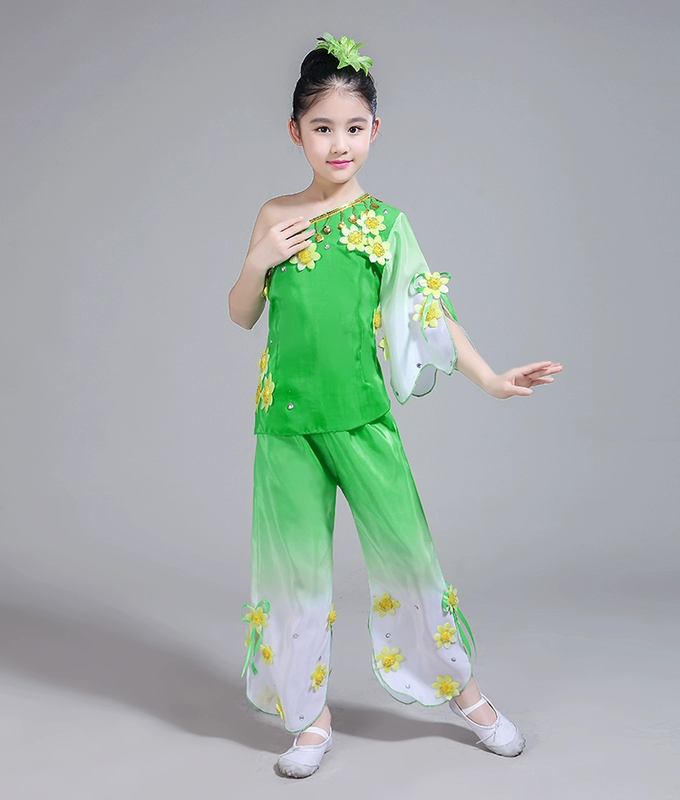Quần áo trẻ em Yangko trang phục múa quốc gia quạt khiêu vũ cổ điển nam và nữ biểu diễn quần áo hoa nhài màu xanh lá cây