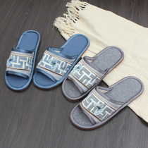 Home fabric New Chinese style mens and womens indoor floor slippers Summer lovers comfortable cotton and hemp household soft bottom spring and autumn four seasons