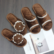 Home indoor couple slippers short velvet spring and summer fabric men and women bedroom floor soft bottom European home comfort four seasons
