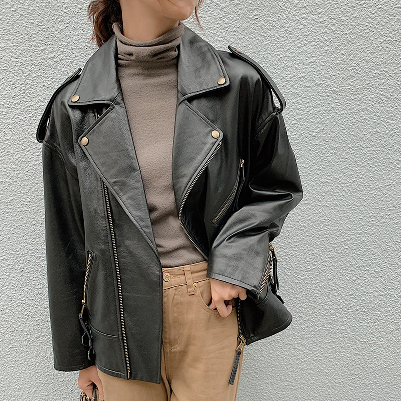 JanKoln High-end Euro Goods Genuine Leather Leather Clothing Women Locomotive in Long Loose Jacket Cow Leather Jacket Autumn Winter New-Taobao