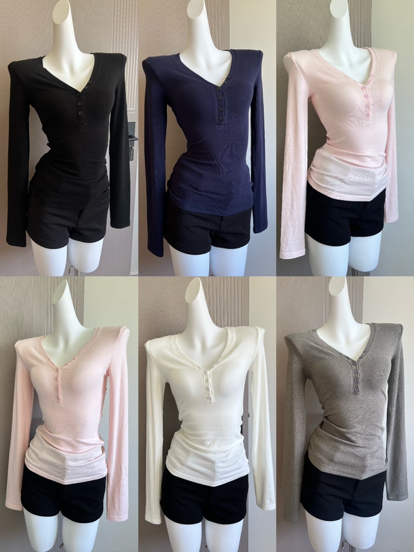 Seven【Paper-Thin Figure】Pure Desire Waist-Cinching V-Neck Henry Shirt Long-Sleeved for Autumn and Winter