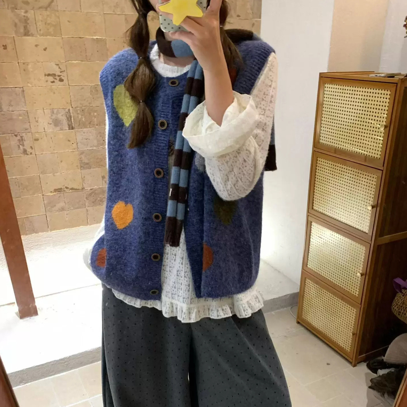 Forest-Style Preppy Knitted Vest for Women, Cardigan with Round Neck, Heart Pattern, Blue Sweater Vest, Outerwear Vest Top
