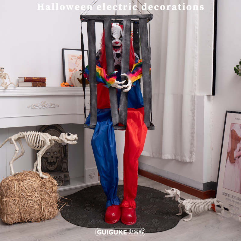 Halloween Large Clown in a Cage Large-Scale Atmosphere Decoration Hanging Ornament 1.55m Electric Sensor Light-Up Hanging Ghost
