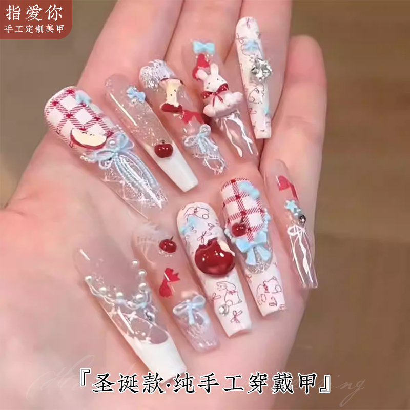 Christmas Style Handmade Wearable Nails Cute Girl Bear Cartoon Plaid Bow Big Rhinestone Student Fake Nails Christmas Style Handmade Wearable Nails Cute Girl Bear Cartoon Plaid Bow Big Rhinestone Student Fake Nails